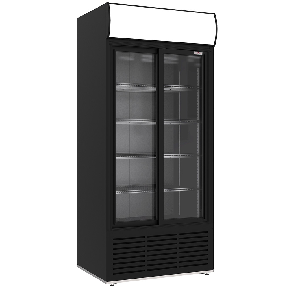 Vitrine ventilée positive, 783 litres, 2 portes coulissantes, avec caisson lumineux, NOIRE