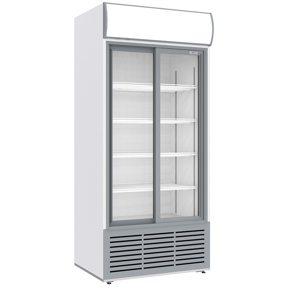 Vitrine ventilée positive, 783 litres, 2 portes coulissantes, avec caisson lumineux, BLANCHE