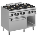 Fourneau gaz 6 feux vifs, sur four gaz GN 2/1 et armoire