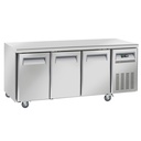 Table frigorifique, ventilé, 3 portes GN 1/1, sur roues, 2 avec freins