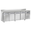 Table frigorifique, ventilé, 4 portes GN 1/1, avec dosseret, sur roues, 2 avec freins