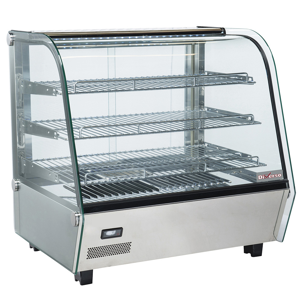 Heated table display cabinet, 3 levels, curved glass