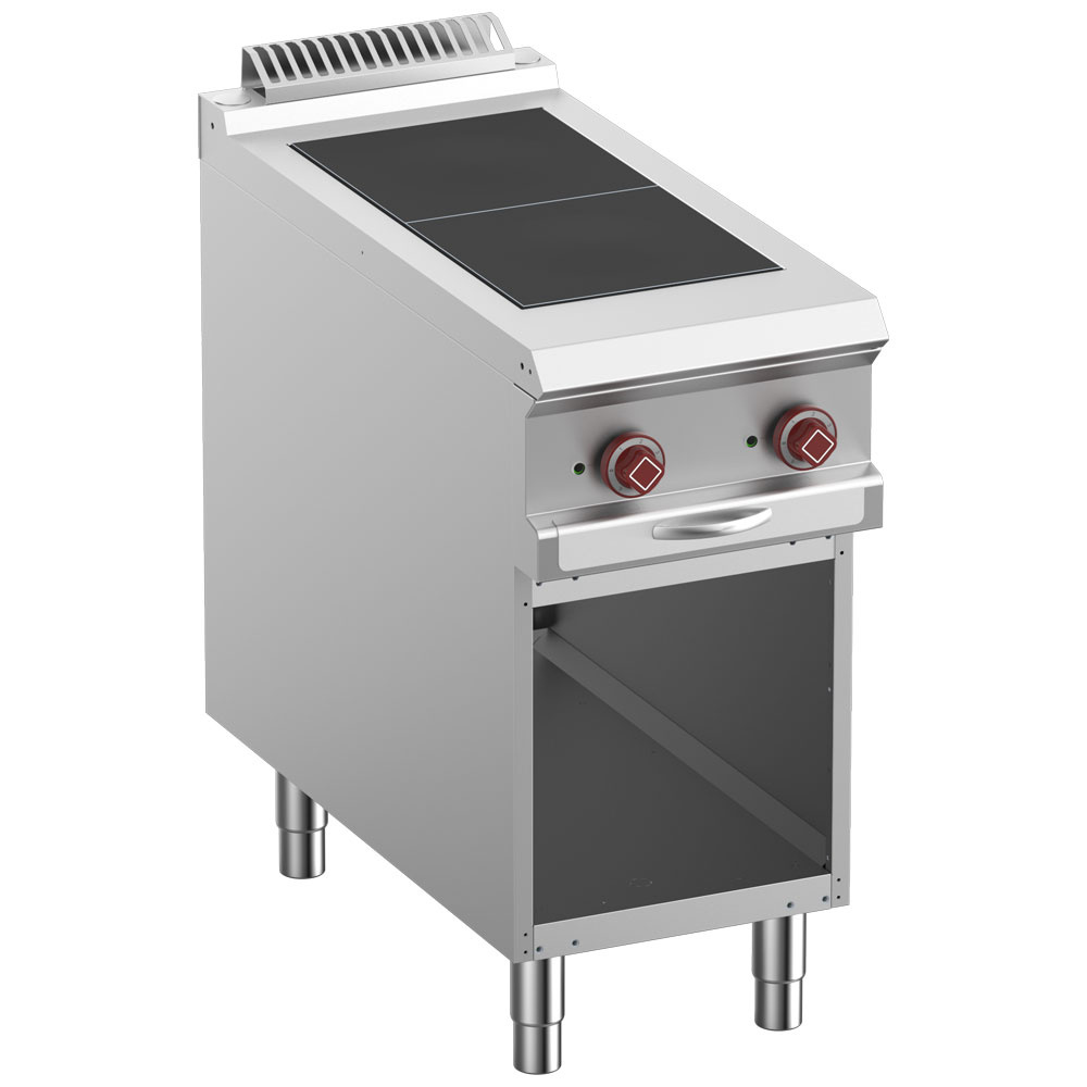 Electric stoves 2 plates aligned with the top, open cupboard