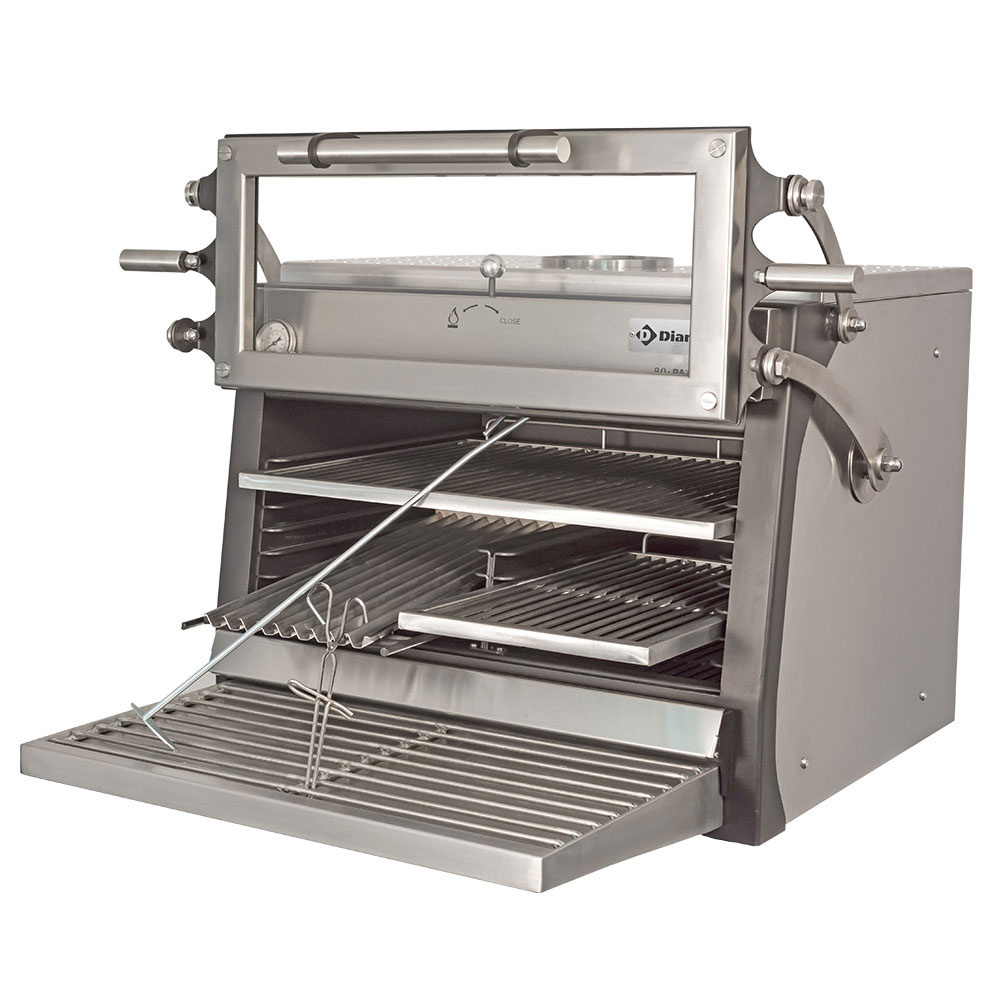 Charcoal oven-BBQ, GN 1/1 + GN2/4 (75 Kg/h)- Liftable door/Stainless steel