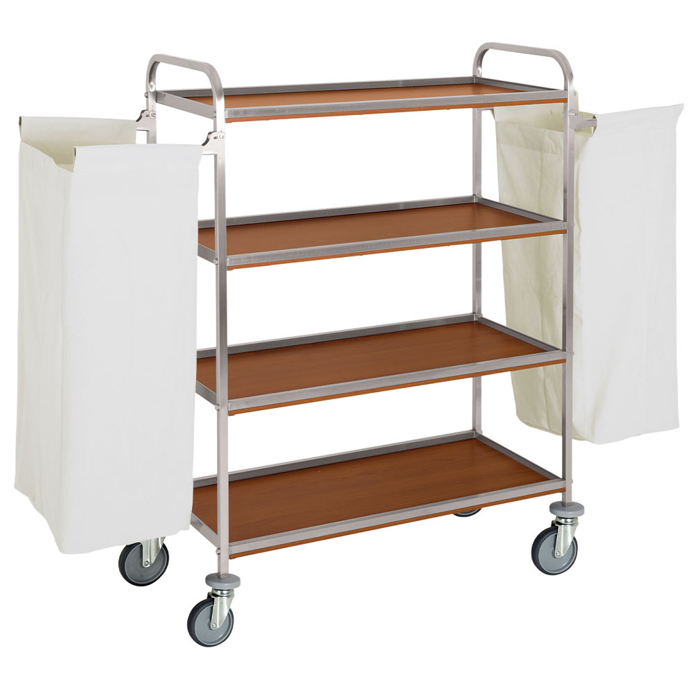 Carriage for linen in stainless steel, 4 levels, with 2 bags