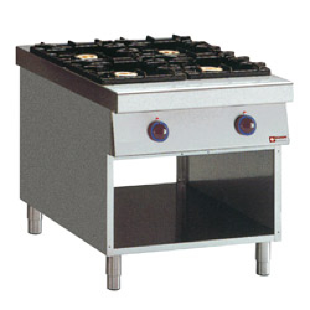 Gas cooker with 4 burners, on open cupboard "service hatch"