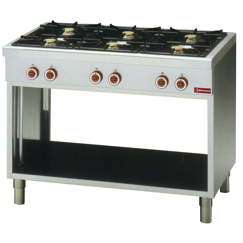 Range with 6 burners, on open cupboard