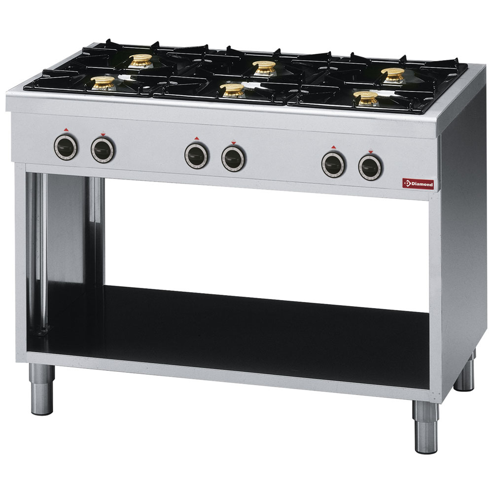 Range with 6 burners, on open cupboard