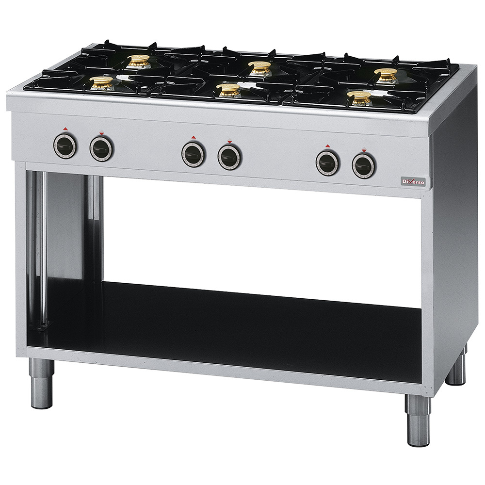 Range with 6 burners, on open cupboard