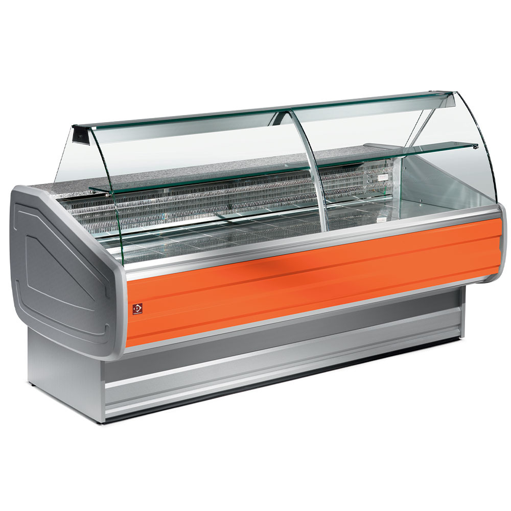 Refrigerated display counter curved glass, ventilated, with reserve