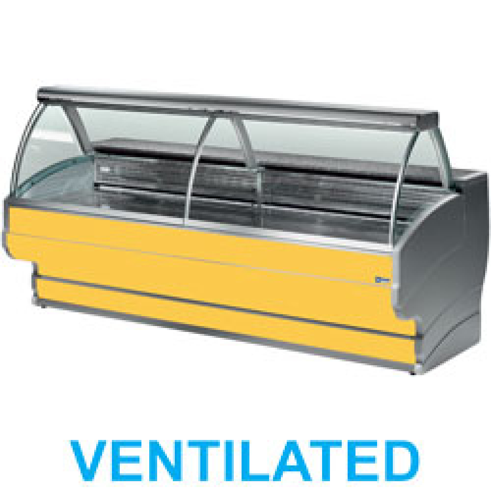 Refrigerated display counter curved glass, ventilated, with reserve