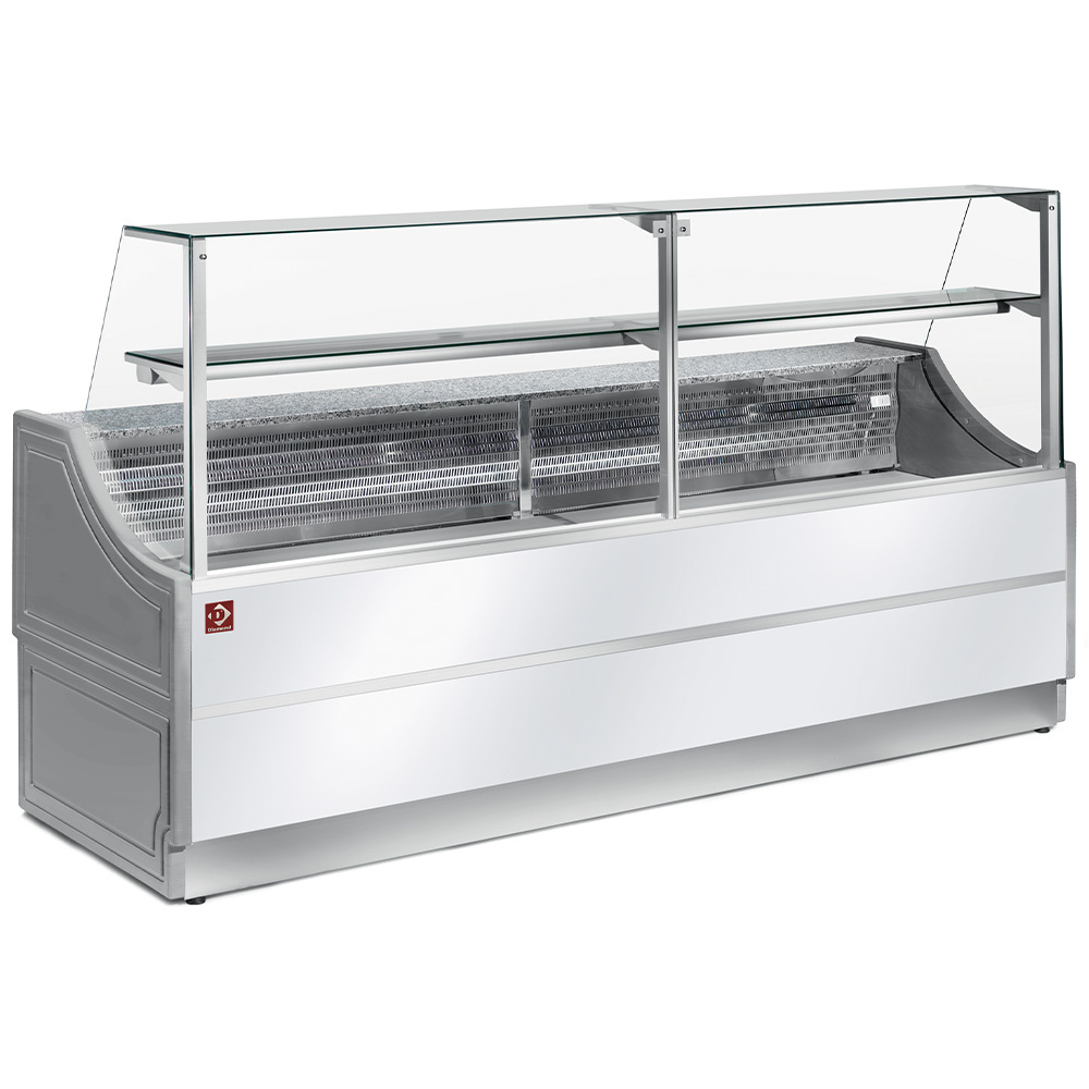 Refrigerated display counter straight panel 90°, without storage space