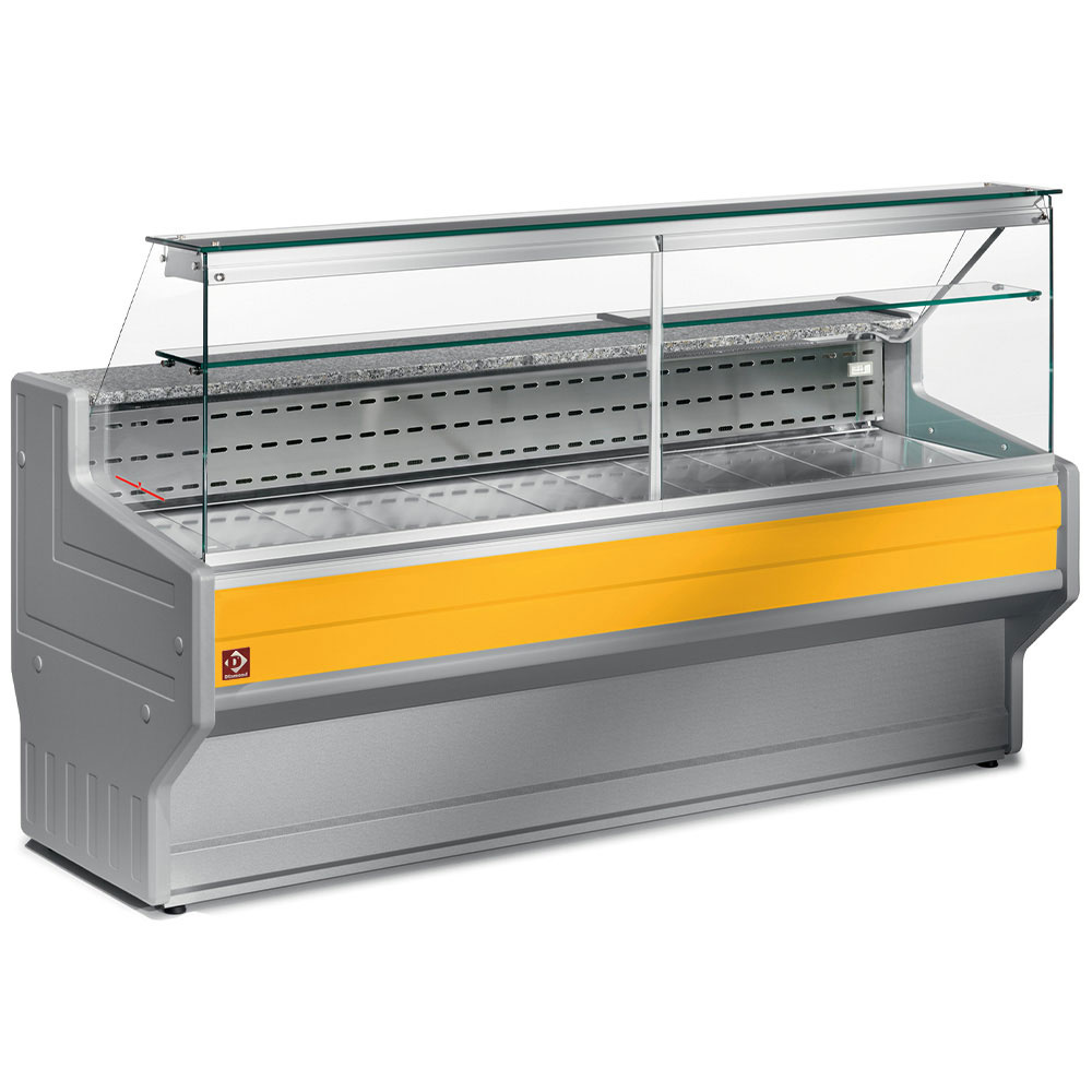 Refrigerated display counter with straight glass panel 90°, with  reserve