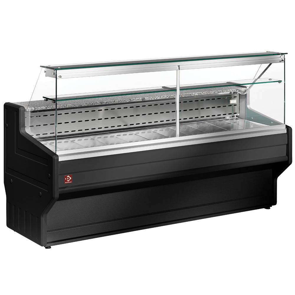 Refrigerated display counter with straight glass panel 90°, with  reserve