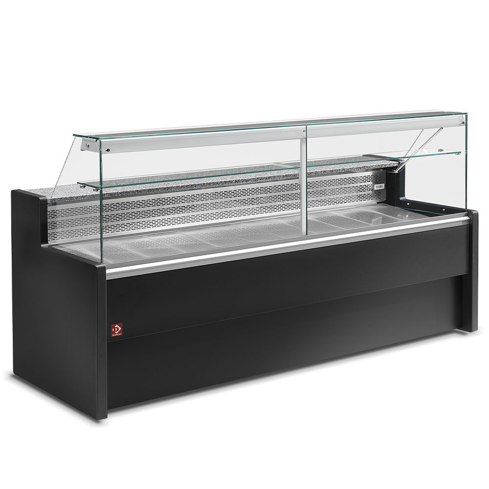Refrigerated display counter with straight glass panel 90°, with  reserve - BLACK
