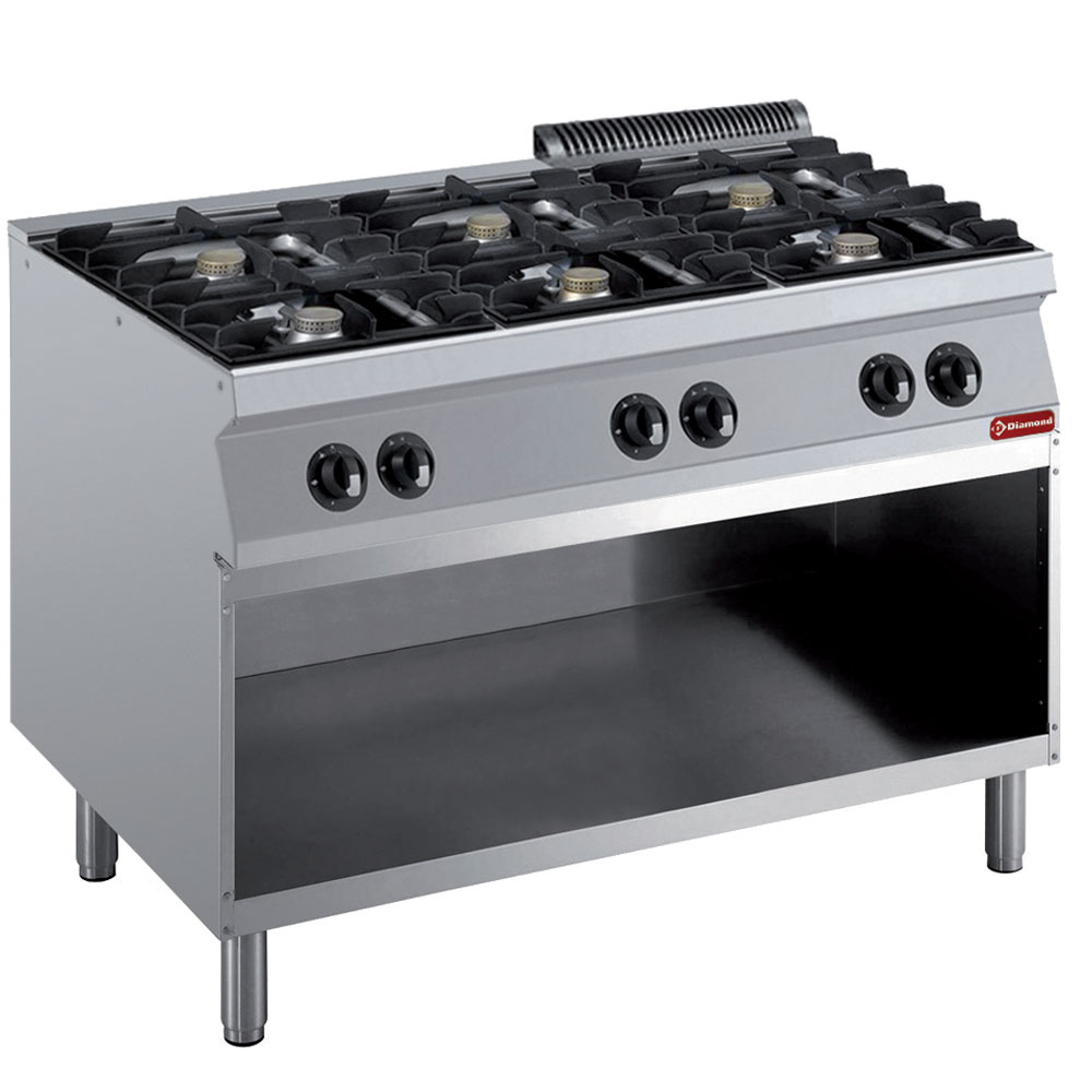 Stove with 6 burners 5,5 kW on open cupboard