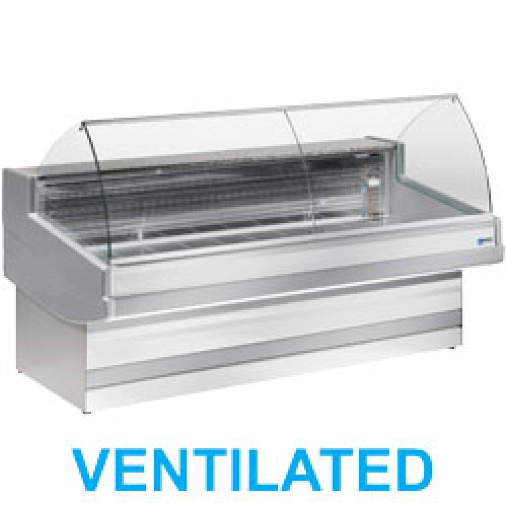 Ventilated refrigerated counter display with curved glass panel without storeroom