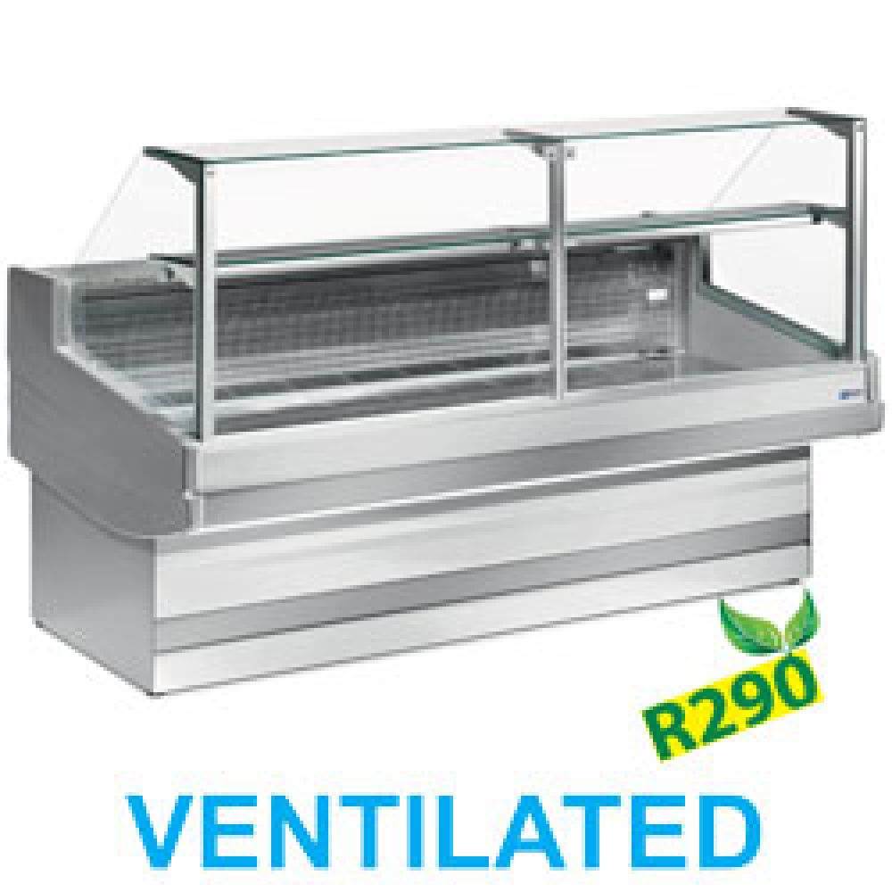 Ventilated refrigerated counter display with staight glass panel 90°, without storeroom