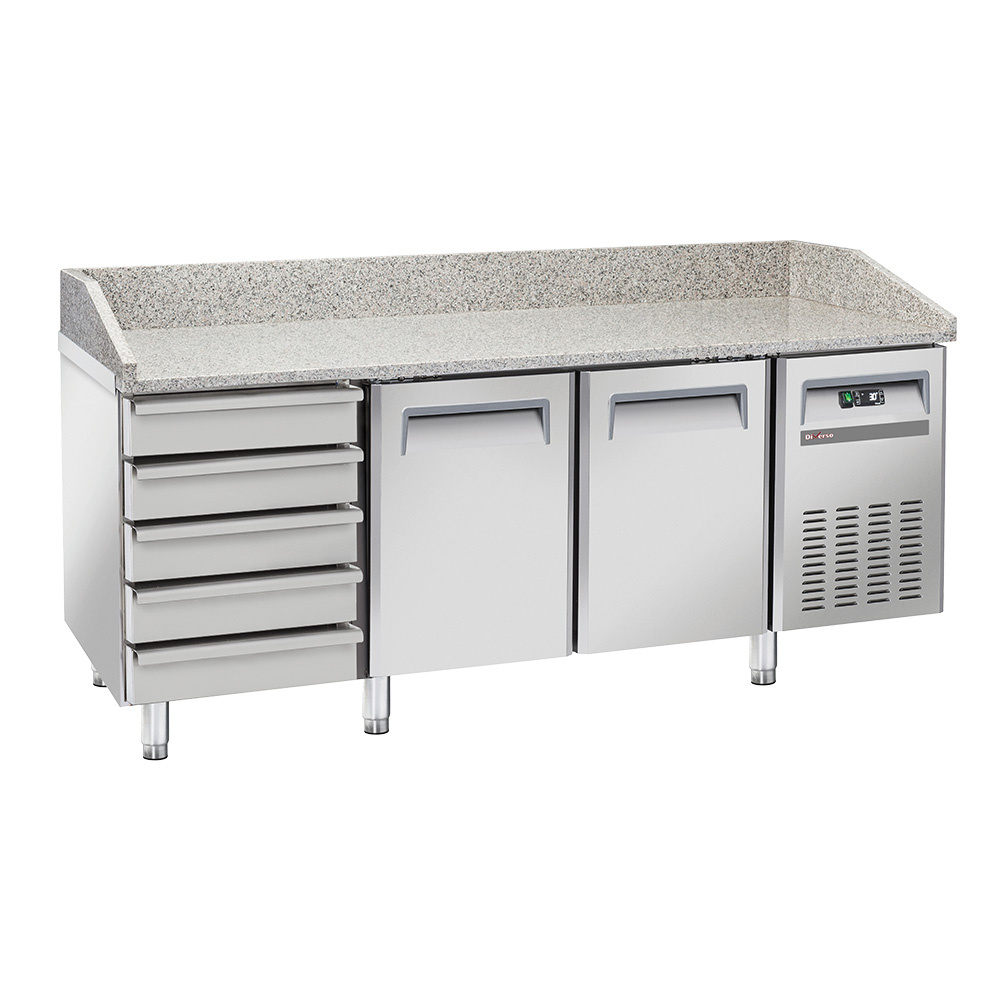 Table frigo pizzeria, 2 portes EN 600x400, 5 tiroirs neutres EN 600x400, sur roues, 2 avec freins