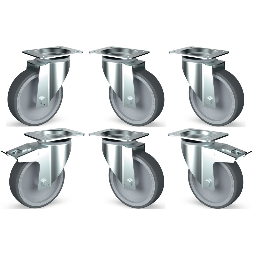 [TIK6-L] Kit 6 roues inox, pivotantes, 2x freins