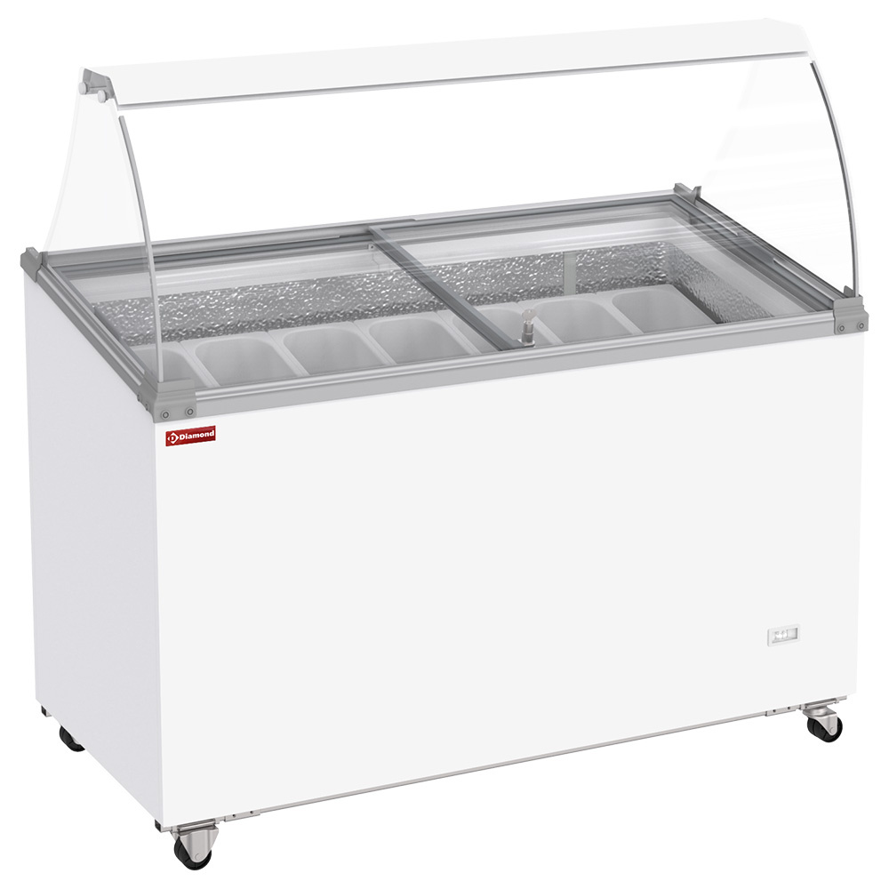 Conservateur comptoir à glaces, 381 litres, couvercles coulissants sur roulettes avec vitres bombées , capacité 7 bacs 