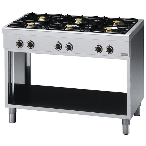 Stove with 6 burners, on open cabinet