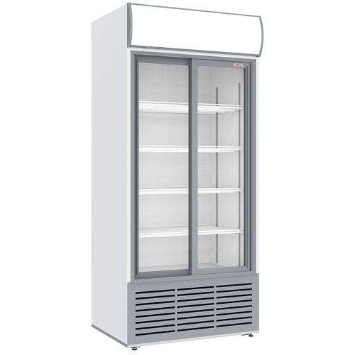 Vitrine ventilée positive, 783 litres, 2 portes coulissantes, avec caisson lumineux, BLANCHE