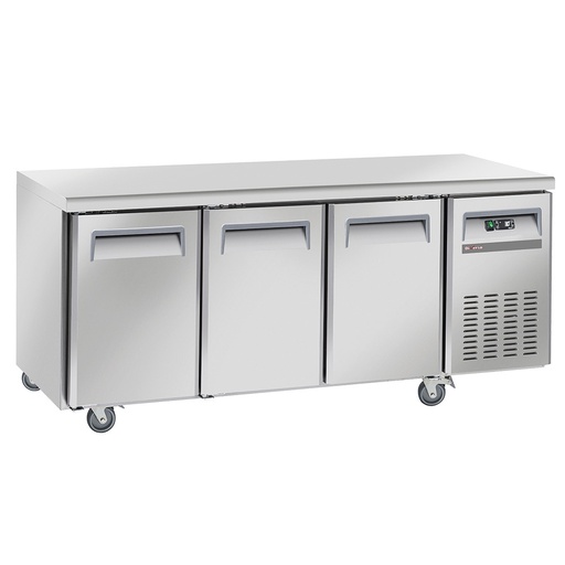 Table frigorifique, ventilé, 3 portes GN 1/1, sur roues, 2 avec freins