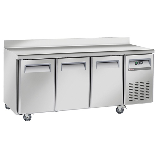Table frigorifique, ventilé, 3 portes GN 1/1, avec dosseret, sur roues, 2 avec freins