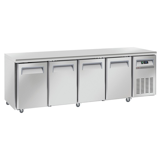 Table frigorifique, ventilé, 4 portes GN 1/1, sur roues, 2 avec freins