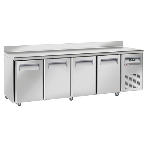 Table frigorifique, ventilé, 4 portes GN 1/1, avec dosseret, sur roues, 2 avec freins