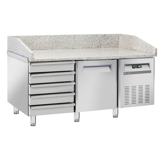 Table frigo pizzeria, 1 porte EN 600x400, 5 tiroirs neutres EN 600x400, sur roues, 2 avec freins