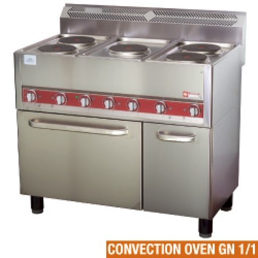 [ES6/5PFVA-N] Electric range 5 plates, on convection oven 4x GN 1/1