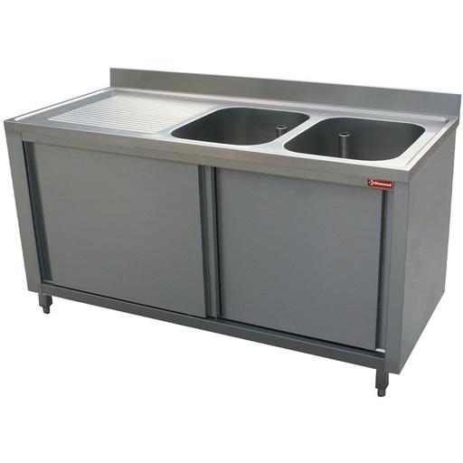 [L2021S-AS] Plonge 2 cuves 600x500x325 égouttoir gauche sur armoire 2 portes coulissantes