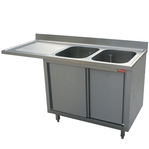 [L1821VS-AS-D] Plonge 2 cuves 500x500x325 égouttoir gauche sur armoire 2 portes coulissantes et espace lave vaisselle