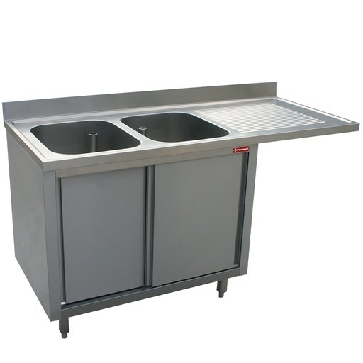 [L1821VD-AS-D] Plonge 2 cuves 500x500x325 égouttoir droit  sur armoire 2 portes coulissantes et espace lave vaisselle