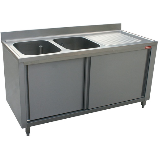 [L1621D-AS-2EME] Plonge 2 cuves 400x500x275 égouttoir droit  sur armoire 2 portes coulissantes