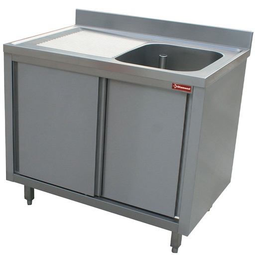 [L1411S-AS] Plonge 1 cuve 600x500x275 égouttoir gauche sur armoire 2 portes coulissantes