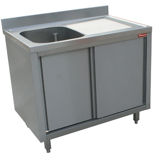 [L1411D-AS-D] Plonge 1 cuve 600x500x275 égouttoir droit sur armoire 2 portes coulissantes